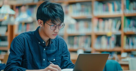 Aufkleber - A focused Asian student is diligently studying in a library, using a laptop among bookshelves, dedicated to academic research and exam readiness, showing high concentration and dedication to learning