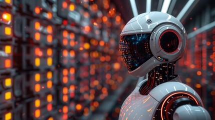 Poster - A robot performing tasks in a busy data center, surrounded by servers and equipment.