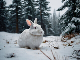 Wall Mural - Winter Rabbit: a fluffy white rabbit in a snowy landscape, with snowflakes falling, pine trees in the background, and a cozy burrow nearby.