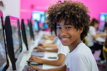 Poster - A student with curly hair is actively participating in a computer class in a vibrant classroom. The student shows enthusiasm while engaging with technology, creating a positive learning environment
