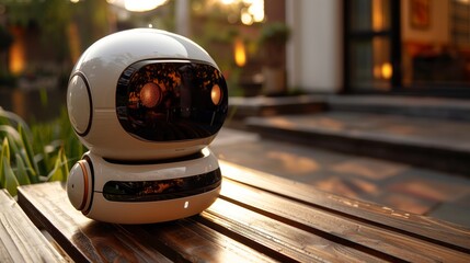Poster - A white robot sitting motionless on a sturdy wooden table indoors.