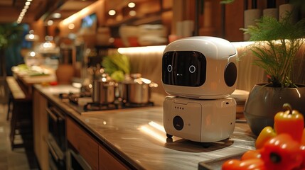 Poster - A robot is perched on top of a kitchen counter, surrounded by kitchen appliances and utensils.