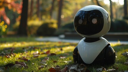 Poster - A white and black robot is seated on the green grass.