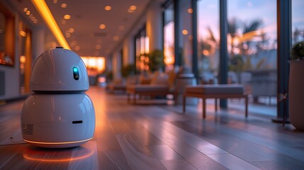 Poster - A white robot proceeds down a hallway, moving with precision and purpose in a controlled environment.