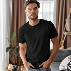 Full body view of_fit man wearing black T-shirt mockup