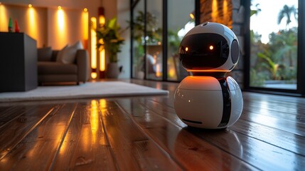 Poster - A robot is seated on a wooden floor in a cozy living room setting.