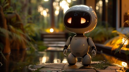 Poster - A small robot stands in a pond under the cover of night, its metallic frame reflecting the dim moonlight.