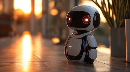 Poster - A robot is seated on a table, placed in front of a window. The robots metallic exterior reflects the natural light coming in through the glass.