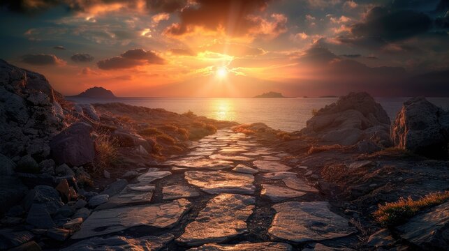 Stone floor barren under dark sky backdrop of rocky mountains during sunset Stone path descending towards the ocean with the sun setting above the horizon creating a pathway for travelers u