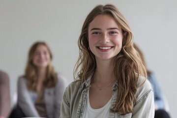 Poster - A cheerful young woman smiles in a classroom, showing focus on her learning. This positive and engaging educational environment promotes collaboration and knowledge sharing among students
