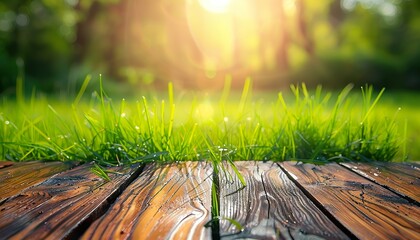 Wall Mural - Beautiful sunlit background with old wooden boards flooring and lush green grass, beautiful bokeh. Sunlit grass, wooden boards, natural background.