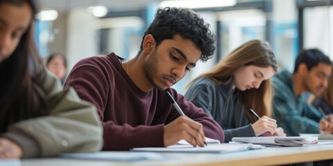 Poster - During examinations, students focus intensely on academic achievements to excel, succeed, and reach goals with determination and dedication in their studies to perform well and achieve success