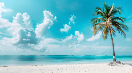 Beautiful palm tree on tropical island beach on background blue sky with white clouds and turquoise ocean on sunny day. Perfect natural landscape for summer vacation, ultra wide format.