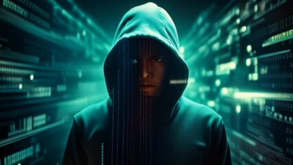 Fototapete - Hacker silhouette of hooded man with binary data and terms related to computer crime