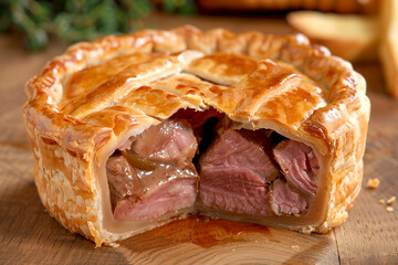 Pork Pie with a savory filling, enjoyed at a countryside picnic