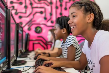 Aufkleber - Enthusiastic kids are learning coding on computers in a tech education setting. The modern classroom nurtures creativity, teamwork, and engagement in young learners, shaping them for the future