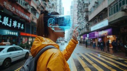 Wall Mural - Skilled smiling person wearing VR headset while setting and coding program at city surrounded with diverse people. Attractive teenager using visual reality goggles to look at digital AI map. AIG42.