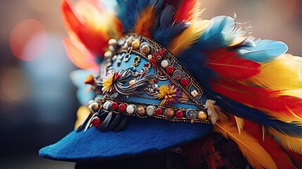 Wall Mural - Close-up of a traditional Bavarian hat with feathers and decorative pins, worn by a festival-goer at Oktoberfest