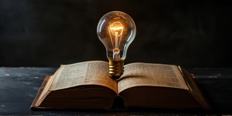Poster - An open book with a glowing lightbulb symbolizes knowledge, creativity, bright ideas, learning, wisdom, innovation, inspiration, and insight, stressing continuous learning and innovative thinking