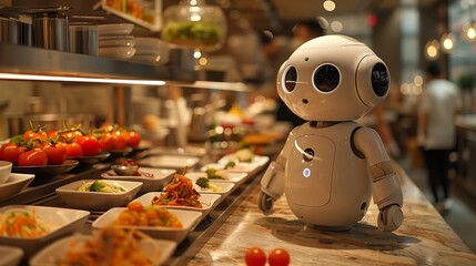 Poster - A robot stands in front of a diverse buffet of food, analyzing the options available to it.