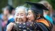 © YURIMA - During a heartwarming graduation ceremony, a grandmother and graduate share a touching embrace, symbolizing the completion of their educational journey together in a moment filled with love and pride