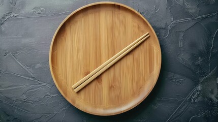 wooden plate and chinese chopsticks on a gray surface