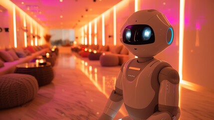 Poster - A robot is positioned in a hotel lobby, showcasing modern technology in a hospitality setting.