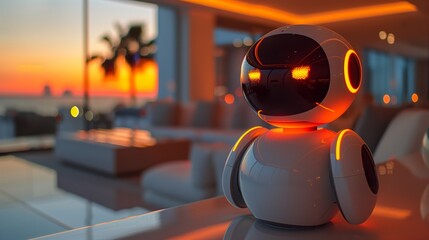 Poster - A robot is seated on a table in a modern living room setting.