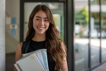 Poster - A cheerful student on a university campus exudes positivity while holding books, embodying a lively educational environment. She symbolizes a bright future and motivation for learning