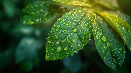 Wall Mural - Close-up of Dewdrops on Green Leaf, Sunlight Glimmering, Nature Background, AI-Generated 4K Wallpaper. This stunning close-up image captures the beauty of nature's delicate details, showcasing sparkli