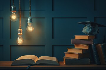 Poster - Create a serene study space with glowing bulbs and books to promote enlightenment and intellectual growth. Fill it with a graduation cap symbolizing education, knowledge, and wisdom