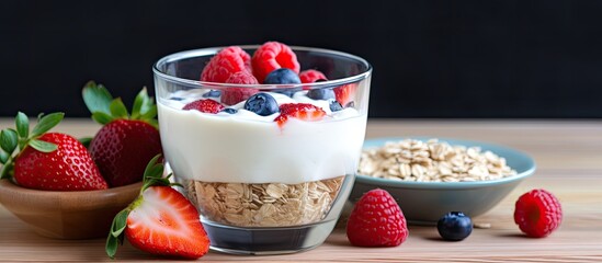 Poster - Granola and strawberries set against a white wooden background with copy space image.