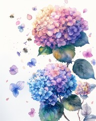 Wall Mural - Watercolor painting of hydrangeas in a simple style on white background.