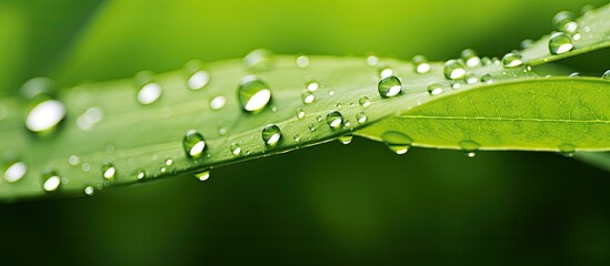 Sticker - Macro image of rainwater drops on a lush green leaf with dew glistening in the sunlight, showcasing the intricate texture of the leaf as a natural background with copy space.