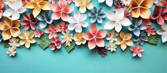 Wall Mural - Handcrafted green leaves on a white origami paper background creating an intricate composition with space for adding images. Copy space image. Place for adding text and design