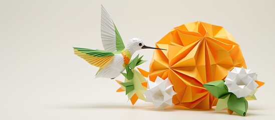 Wall Mural - Kusudama origami hummingbird positioned above a flower against a white background, with copy space image.