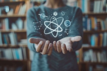Poster - Hands in a library hold atomic and space science symbols, merging discovery and knowledge. Supported by books, education resources, these emphasize science and technology advancements