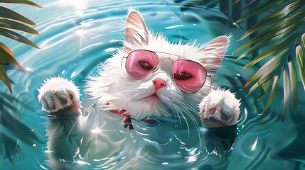 Wall Mural - Adorable white kitty with fashionable pink sunglasses floating in lush pool.