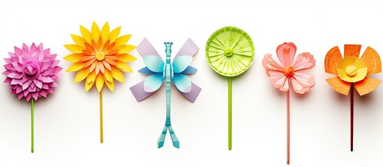 Wall Mural - Blue origami dragonfly hovering above lotus flowers on a white background with copy space image.