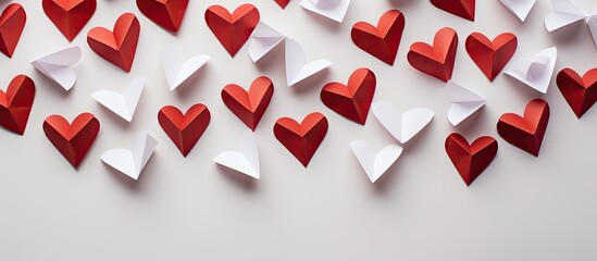 Wall Mural - Origami hearts for Valentine's Day, love, and happiness, ideal for a greeting card with space for your logo, showcased on a white background with clipping path for design purposes. Copy space image