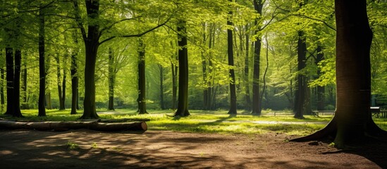 Sticker - Sunlit beech forest with a majestic ancient tree, perfect for a copy space image.