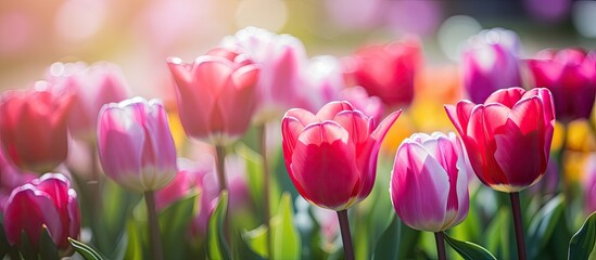 Canvas Print - Vibrant tulip field blooming in the spring with copy space image included.