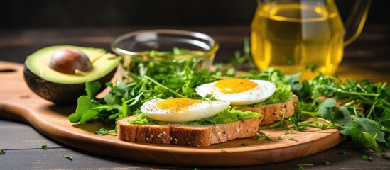 Poster - Delicious toast topped with avocado slices, boiled eggs, fresh spinach, and spices, perfect for breakfast or a snack, in a copy space image on a white background.