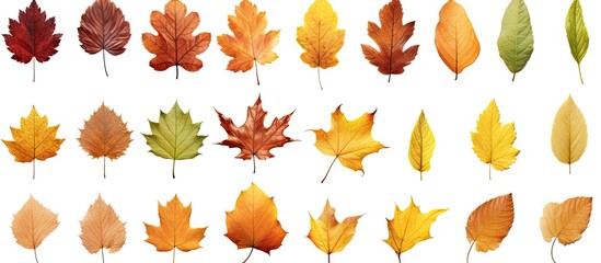 Wall Mural - Multicolored fallen autumn leaves set against a white background, creating a seasonal copy space image.