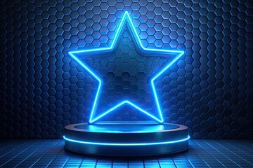 blue neon star stage with a geometric backdrop.