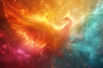 phoenix rebirth: vibrant digital painting of mythical bird rising from flames