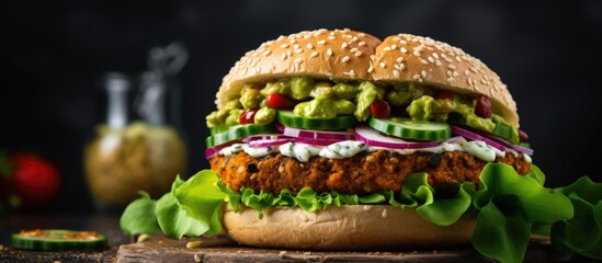 Healthy vegan falafel burger topped with fresh vegetables and sauce on a dark background to emphasize the nutritious meal. Copy space image.