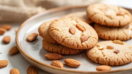 Wall Mural - Almond cookies placed on a plate with a white background