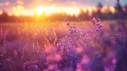 Wall Mural - Beautiful panoramic natural landscape with a beautiful bright textured sunset over a field of purple wild grass and flowers.  