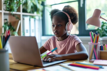 Focused young girl, wearing headphones, is engrossed in online learning on a laptop at home. Her study space is filled with colorful desk and learning tools, creating an inspiring indoor environment